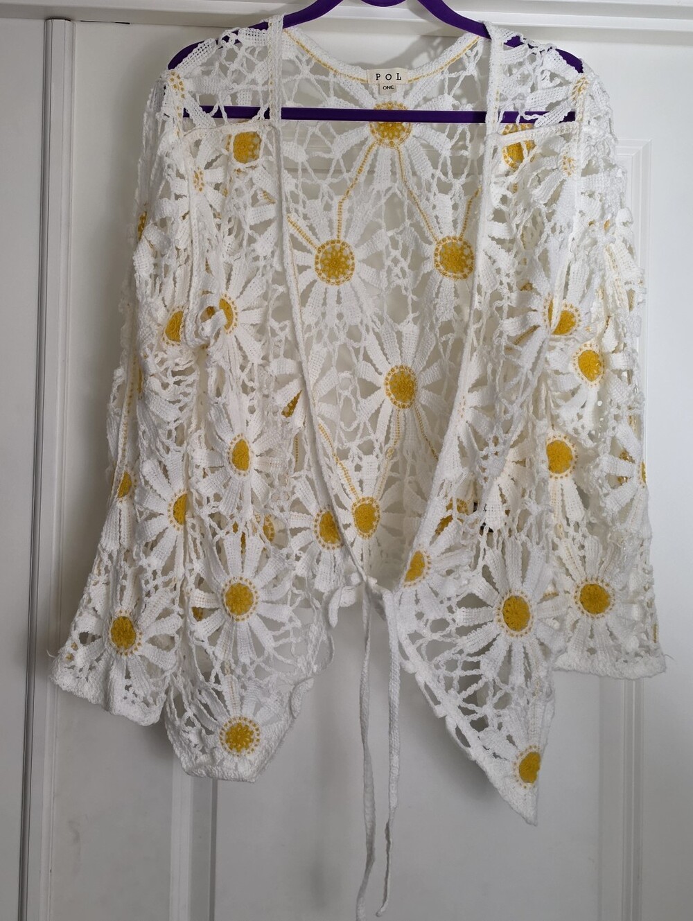 POL Daisy Crochet Tie-Front Cardigan - White with Yellow Accents